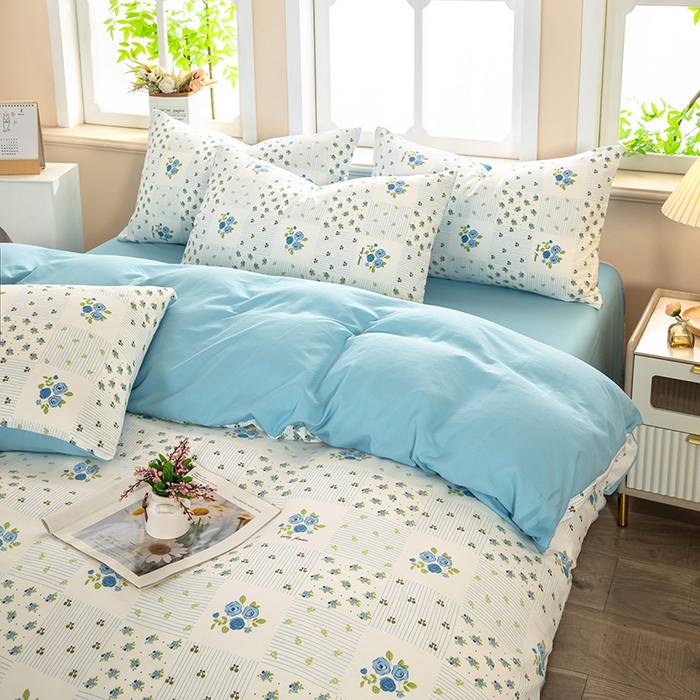 91家纺网 家纺一手货源 找家纺 梦莱家纺 2025新款水洗棉印花四件套 蓝玫格影