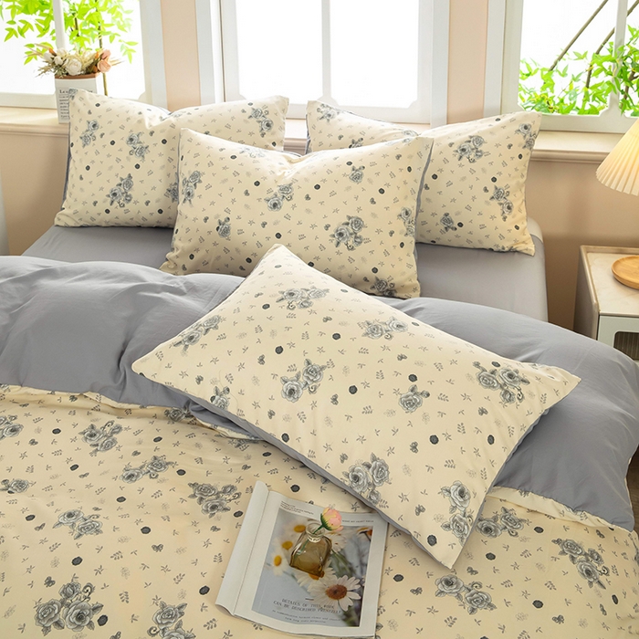 91家纺网 家纺一手货源 找家纺 梦莱家纺 2025新款水洗棉印花四件套 玫瑰蝶影