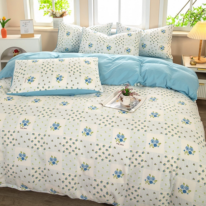 91家纺网 家纺一手货源 找家纺 梦莱家纺 2025新款水洗棉印花四件套 蓝玫格影