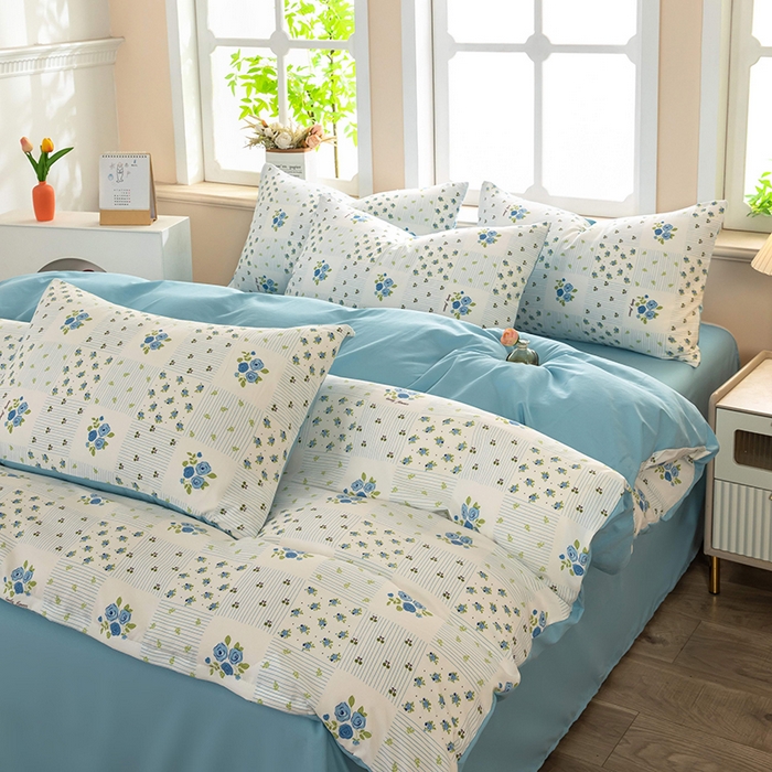 91家纺网 家纺一手货源 找家纺 梦莱家纺 2025新款水洗棉印花四件套 蓝玫格影