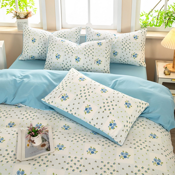 91家纺网 家纺一手货源 找家纺 梦莱家纺 2025新款水洗棉印花四件套 蓝玫格影