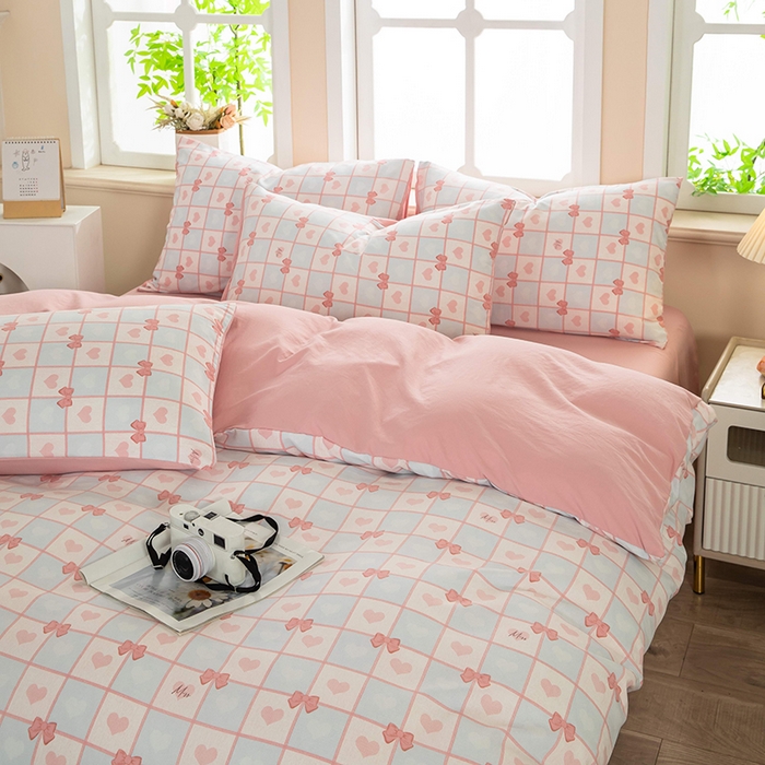 91家纺网 家纺一手货源 找家纺 梦莱家纺 2025新款水洗棉印花四件套 粉蓝甜心