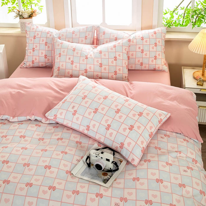 91家纺网 家纺一手货源 找家纺 梦莱家纺 2025新款水洗棉印花四件套 粉蓝甜心