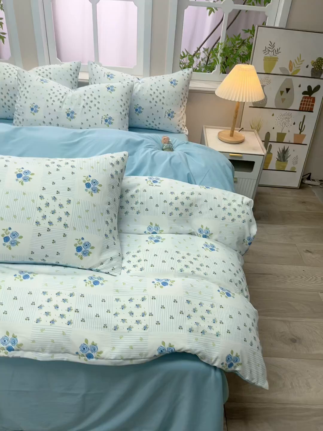 91家纺网 家纺一手货源 找家纺 梦莱家纺 2025新款水洗棉印花四件套 蓝玫格影