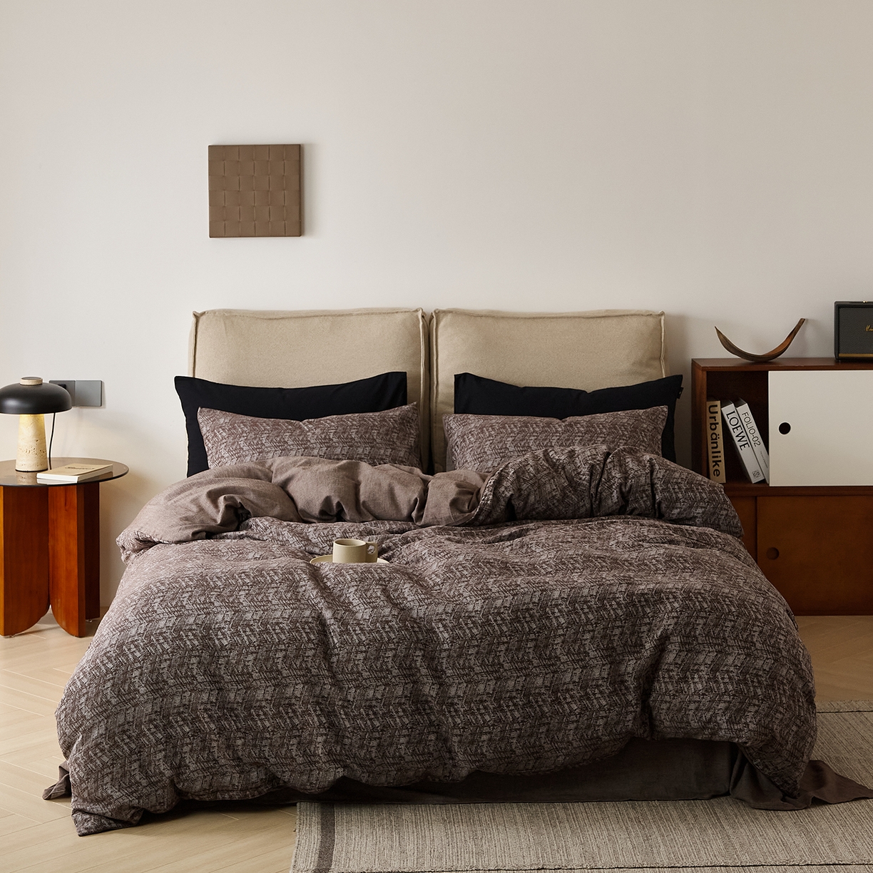 91家纺网 家纺一手货源 找家纺 原研家居 2025新款棉麻色织提花系列四件套 素麻黛月