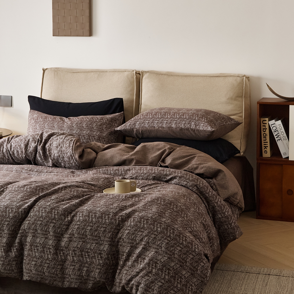 91家纺网 家纺一手货源 找家纺 原研家居 2025新款棉麻色织提花系列四件套 素麻黛月