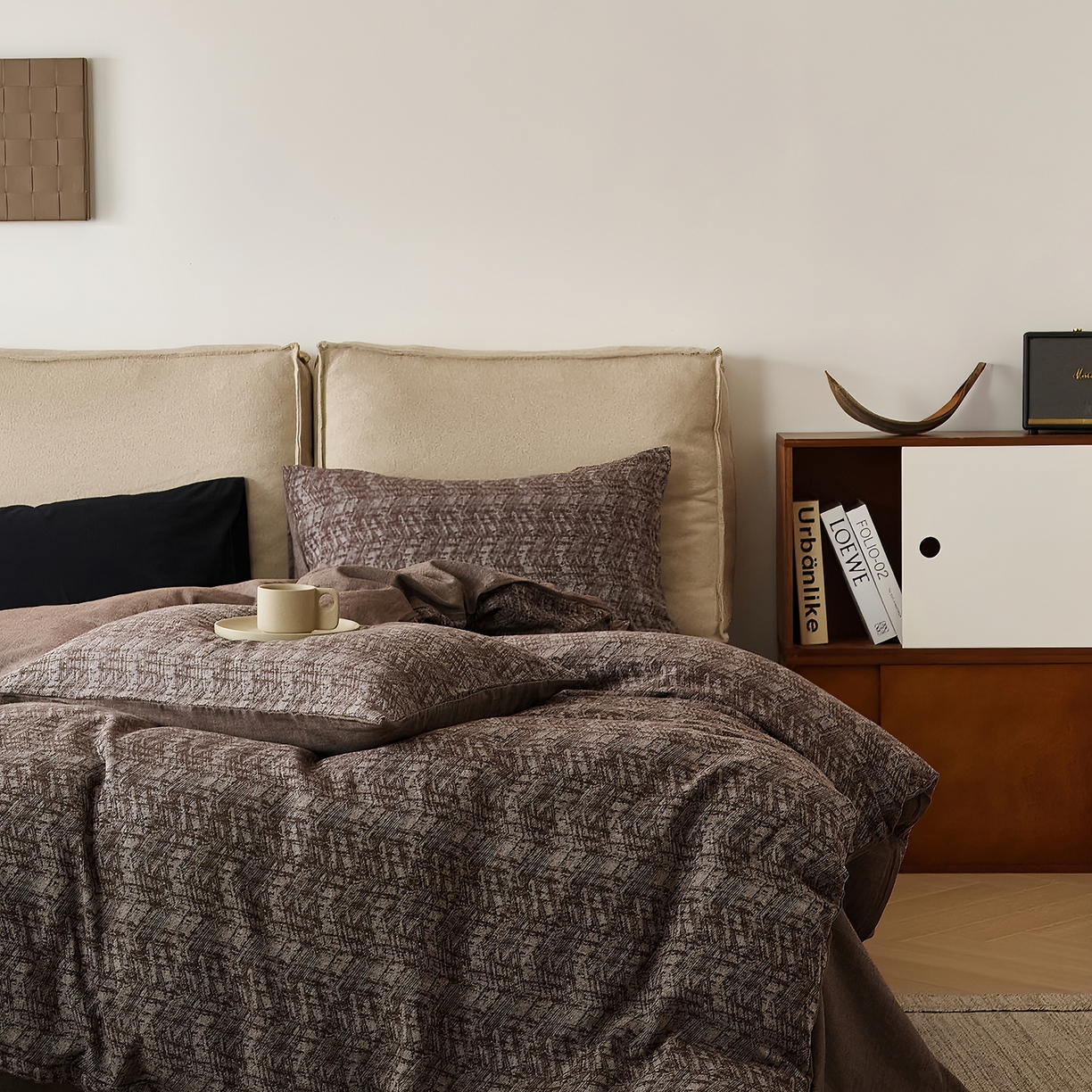 91家纺网 家纺一手货源 找家纺 原研家居 2025新款棉麻色织提花系列四件套 素麻黛月