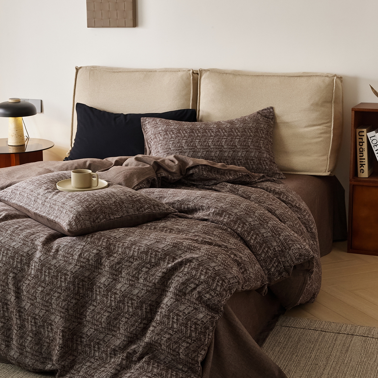 91家纺网 家纺一手货源 找家纺 原研家居 2025新款棉麻色织提花系列四件套 素麻黛月