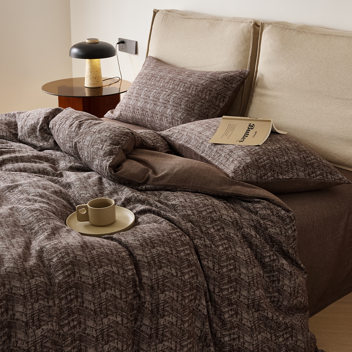 91家纺网 家纺一手货源 找家纺 原研家居 2025新款棉麻色织提花系列四件套 素麻黛月