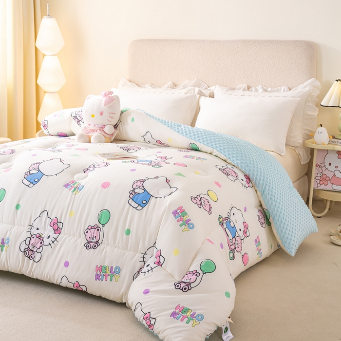 91家纺网 家纺一手货源 找家纺 米乐被业 2025新款三丽鸥水洗棉豆豆被被子被芯冬被 可爱KT猫