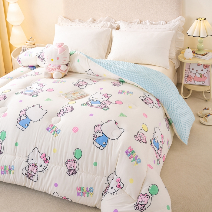 91家纺网 家纺一手货源 找家纺 米乐被业 2025新款三丽鸥水洗棉豆豆被被子被芯冬被 可爱KT猫