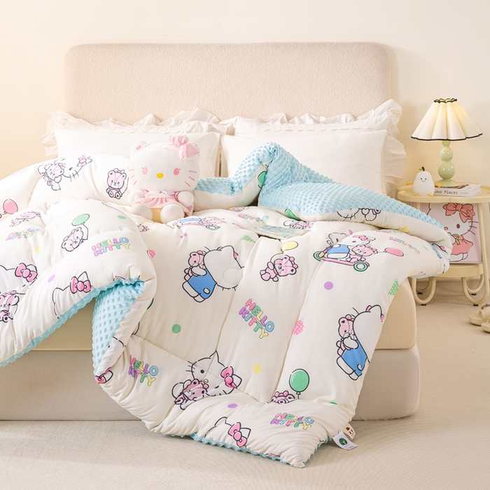 91家纺网 家纺一手货源 找家纺 米乐被业 2025新款三丽鸥水洗棉豆豆被被子被芯冬被 可爱KT猫