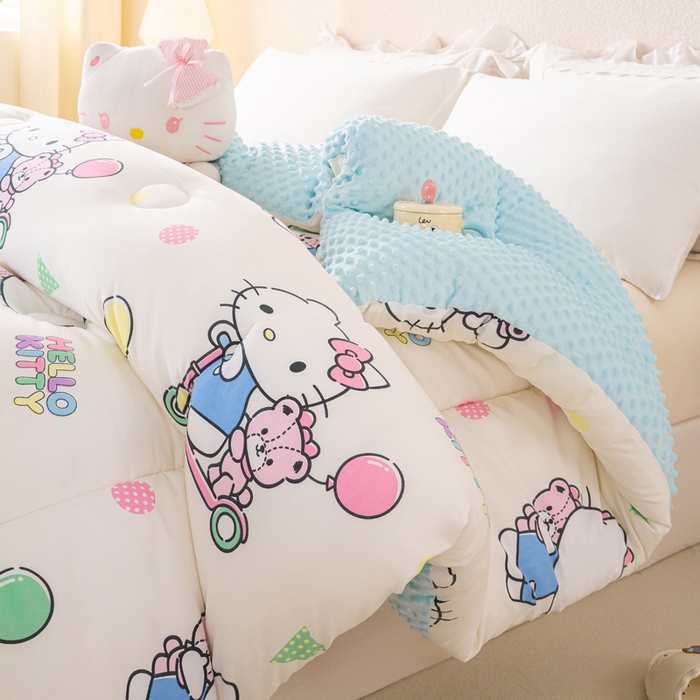 91家纺网 家纺一手货源 找家纺 米乐被业 2025新款三丽鸥水洗棉豆豆被被子被芯冬被 可爱KT猫