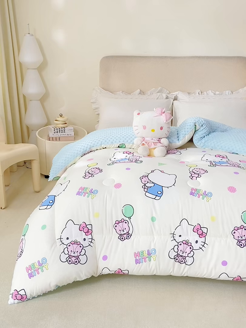 91家纺网 家纺一手货源 找家纺 米乐被业 2025新款三丽鸥水洗棉豆豆被被子被芯冬被 可爱KT猫