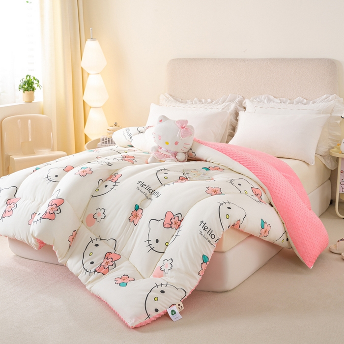 91家纺网 家纺一手货源 找家纺 米乐被业 2025新款三丽鸥水洗棉豆豆被被子被芯冬被 樱花KT猫