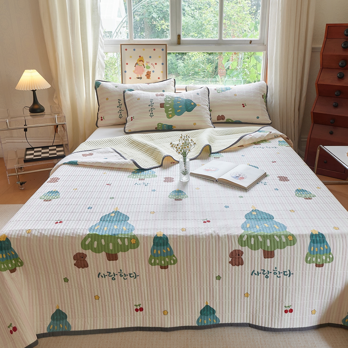 91家纺网 家纺一手货源 找家纺 （总）鑫喜莱家纺 2025新款13372全棉纯棉床盖三件套-萌趣森林