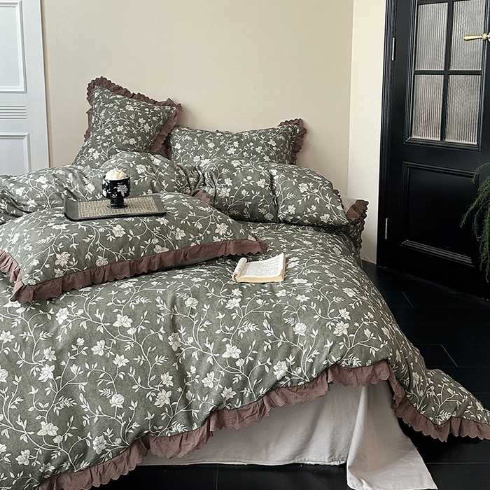 91家纺网 家纺一手货源 找家纺 （总）三朵家纺 2025新款秋冬全棉纯棉加厚磨毛法式花边四件套