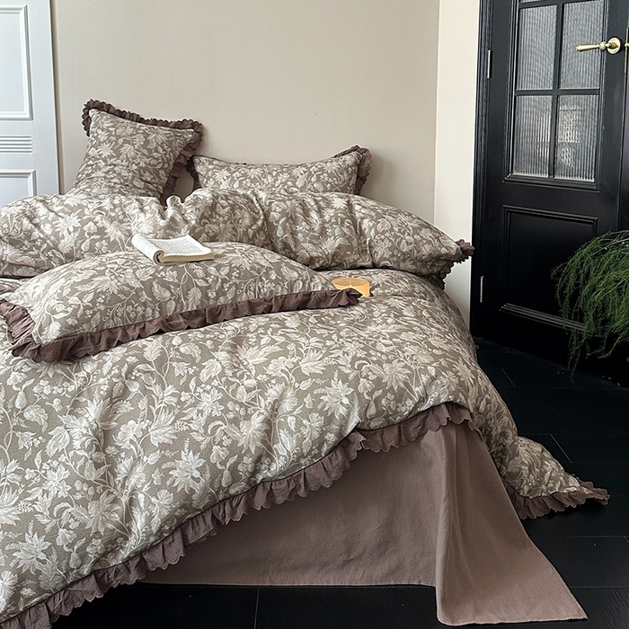 三朵家纺 2025新款秋冬全棉纯棉加厚磨毛法式花边四件套 优雅花香