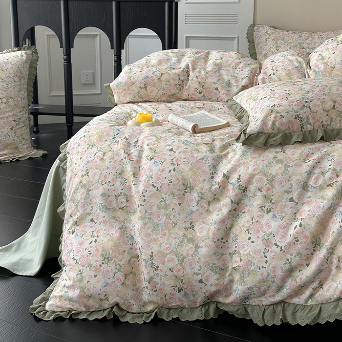 91家纺网 家纺一手货源 找家纺 三朵家纺 2025新款秋冬全棉纯棉加厚磨毛法式花边四件套 闲趣花开