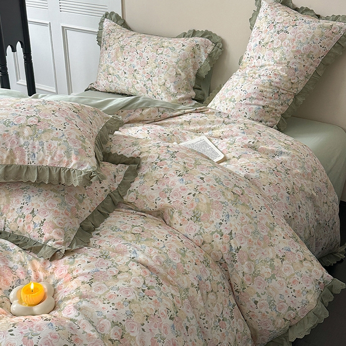 91家纺网 家纺一手货源 找家纺 三朵家纺 2025新款秋冬全棉纯棉加厚磨毛法式花边四件套 闲趣花开