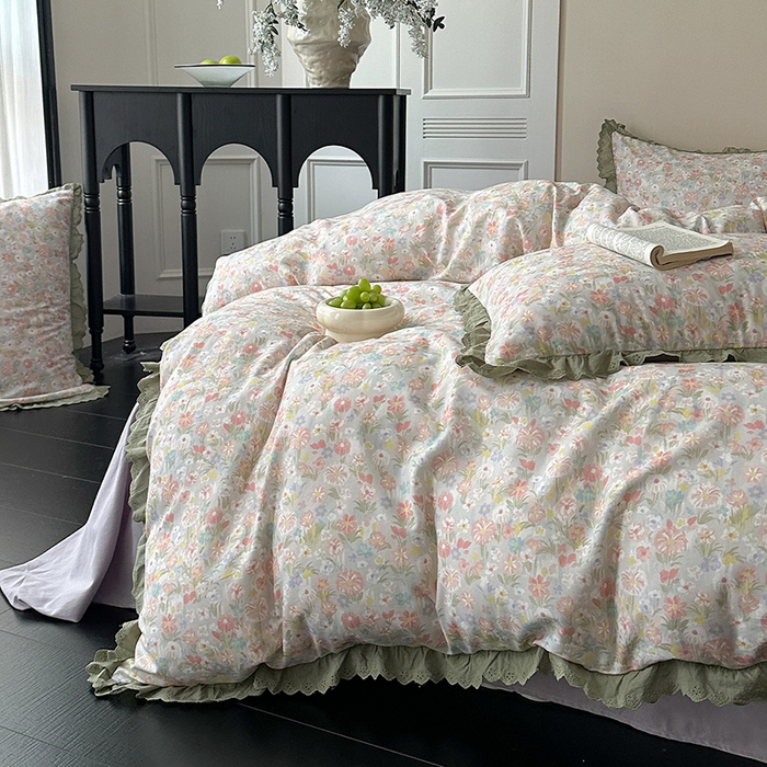 91家纺网 家纺一手货源 找家纺 三朵家纺 2025新款秋冬全棉纯棉加厚磨毛法式花边四件套 乐妍花开