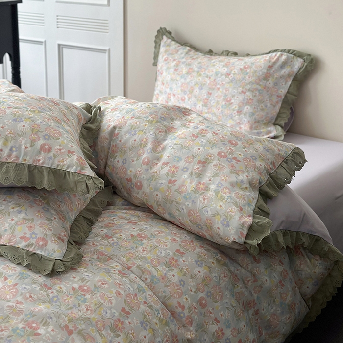 91家纺网 家纺一手货源 找家纺 三朵家纺 2025新款秋冬全棉纯棉加厚磨毛法式花边四件套 乐妍花开