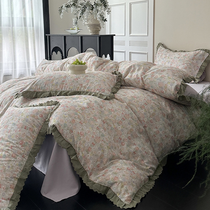 91家纺网 家纺一手货源 找家纺 三朵家纺 2025新款秋冬全棉纯棉加厚磨毛法式花边四件套 乐妍花开