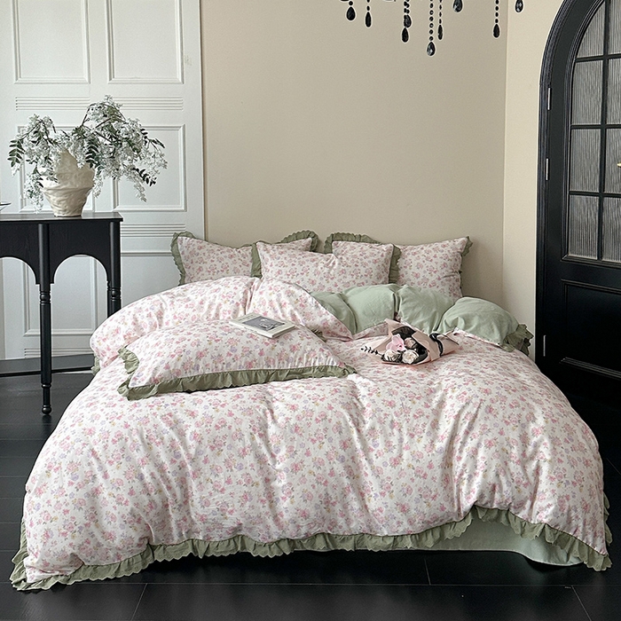 91家纺网 家纺一手货源 找家纺 三朵家纺 2025新款秋冬全棉纯棉加厚磨毛法式花边四件套 秋之寄语