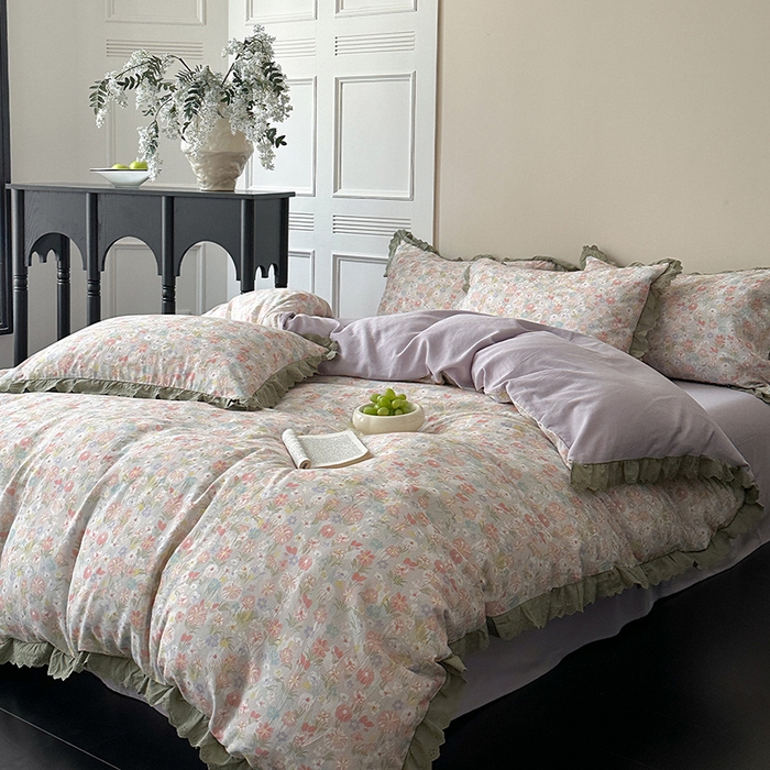 91家纺网 家纺一手货源 找家纺 三朵家纺 2025新款秋冬全棉纯棉加厚磨毛法式花边四件套 乐妍花开