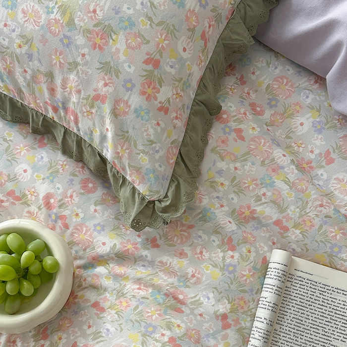 91家纺网 家纺一手货源 找家纺 三朵家纺 2025新款秋冬全棉纯棉加厚磨毛法式花边四件套 乐妍花开