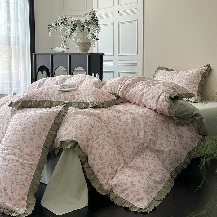 91家纺网 家纺一手货源 找家纺 三朵家纺 2025新款秋冬全棉纯棉加厚磨毛法式花边四件套 秋之寄语