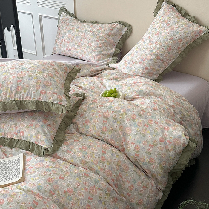 91家纺网 家纺一手货源 找家纺 三朵家纺 2025新款秋冬全棉纯棉加厚磨毛法式花边四件套 乐妍花开