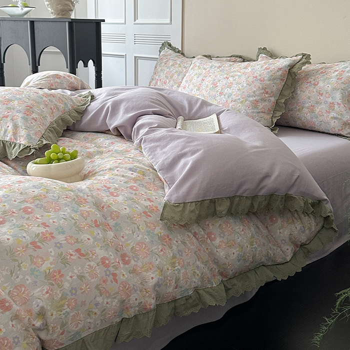 91家纺网 家纺一手货源 找家纺 三朵家纺 2025新款秋冬全棉纯棉加厚磨毛法式花边四件套 乐妍花开