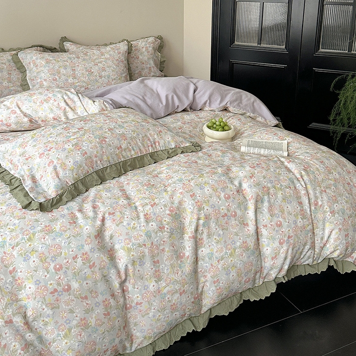 91家纺网 家纺一手货源 找家纺 三朵家纺 2025新款秋冬全棉纯棉加厚磨毛法式花边四件套 乐妍花开