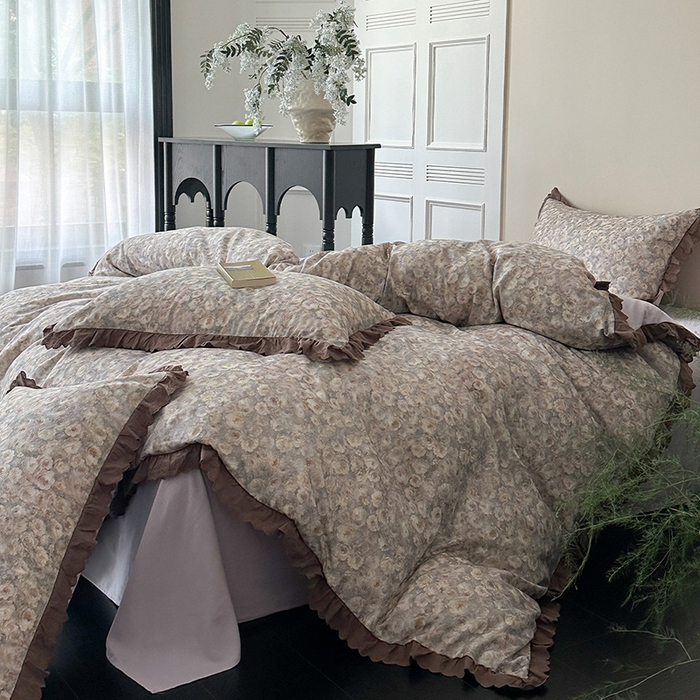 91家纺网 家纺一手货源 找家纺 三朵家纺 2025新款秋冬全棉纯棉加厚磨毛法式花边四件套 晚风告白