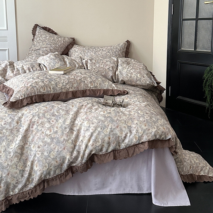 三朵家纺 2025新款秋冬全棉纯棉加厚磨毛法式花边四件套 晚风告白