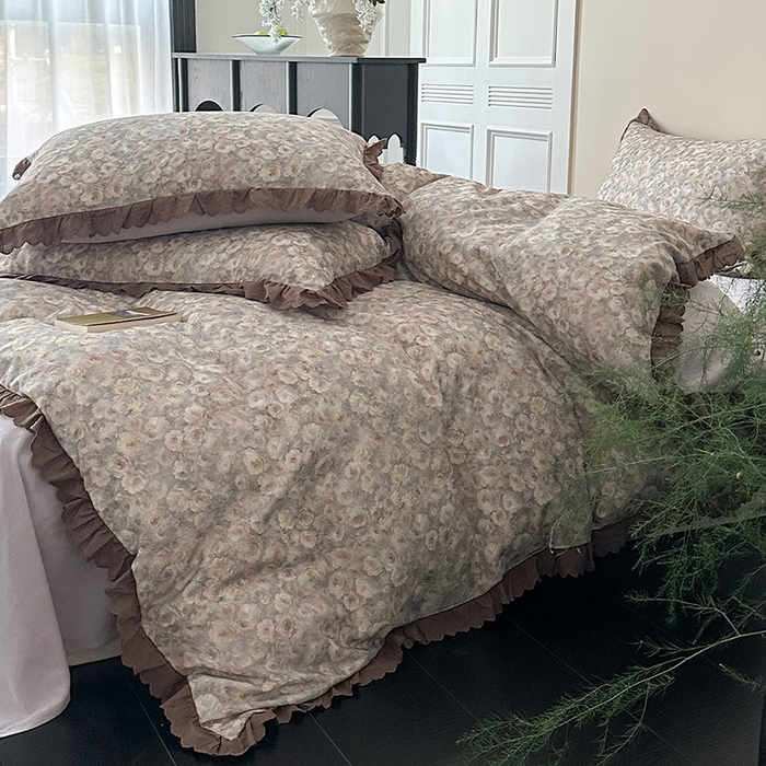 91家纺网 家纺一手货源 找家纺 三朵家纺 2025新款秋冬全棉纯棉加厚磨毛法式花边四件套 晚风告白