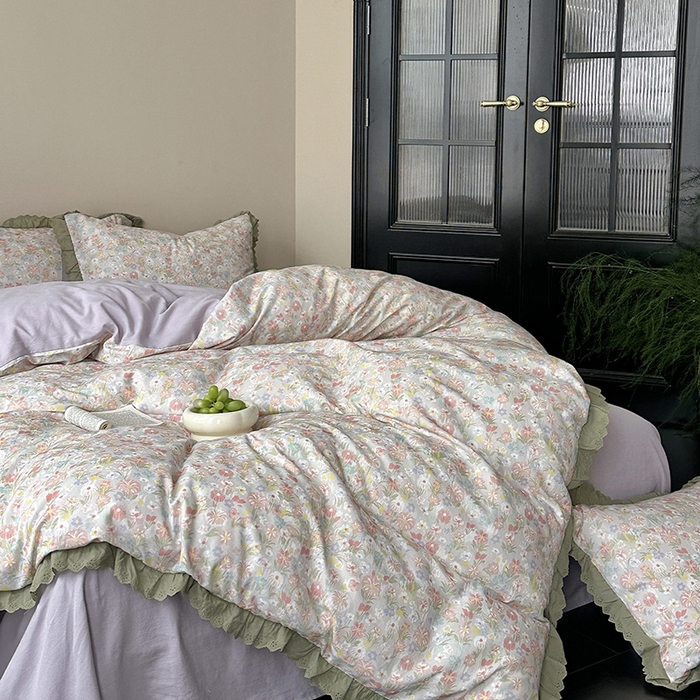 91家纺网 家纺一手货源 找家纺 三朵家纺 2025新款秋冬全棉纯棉加厚磨毛法式花边四件套 乐妍花开