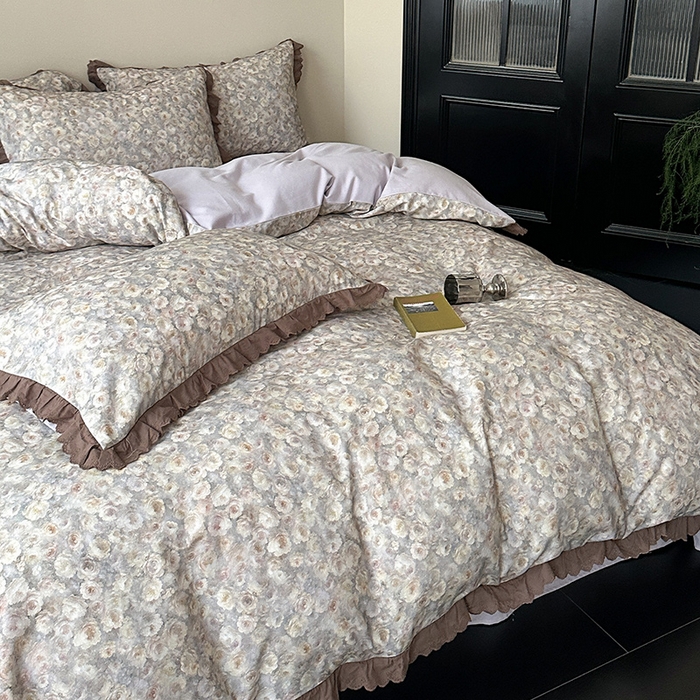 91家纺网 家纺一手货源 找家纺 三朵家纺 2025新款秋冬全棉纯棉加厚磨毛法式花边四件套 晚风告白