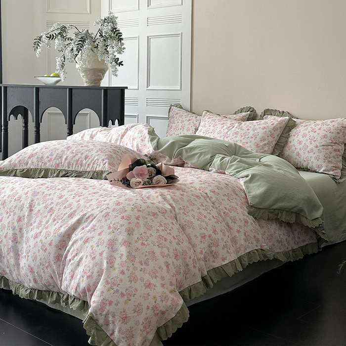 91家纺网 家纺一手货源 找家纺 三朵家纺 2025新款秋冬全棉纯棉加厚磨毛法式花边四件套 秋之寄语