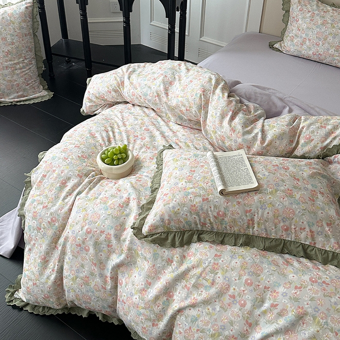 91家纺网 家纺一手货源 找家纺 三朵家纺 2025新款秋冬全棉纯棉加厚磨毛法式花边四件套 乐妍花开