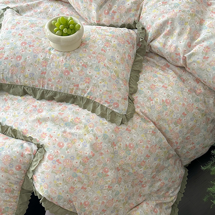 91家纺网 家纺一手货源 找家纺 三朵家纺 2025新款秋冬全棉纯棉加厚磨毛法式花边四件套 乐妍花开