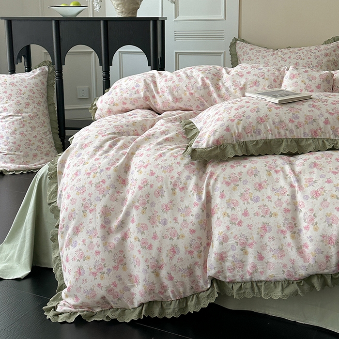 91家纺网 家纺一手货源 找家纺 三朵家纺 2025新款秋冬全棉纯棉加厚磨毛法式花边四件套 秋之寄语