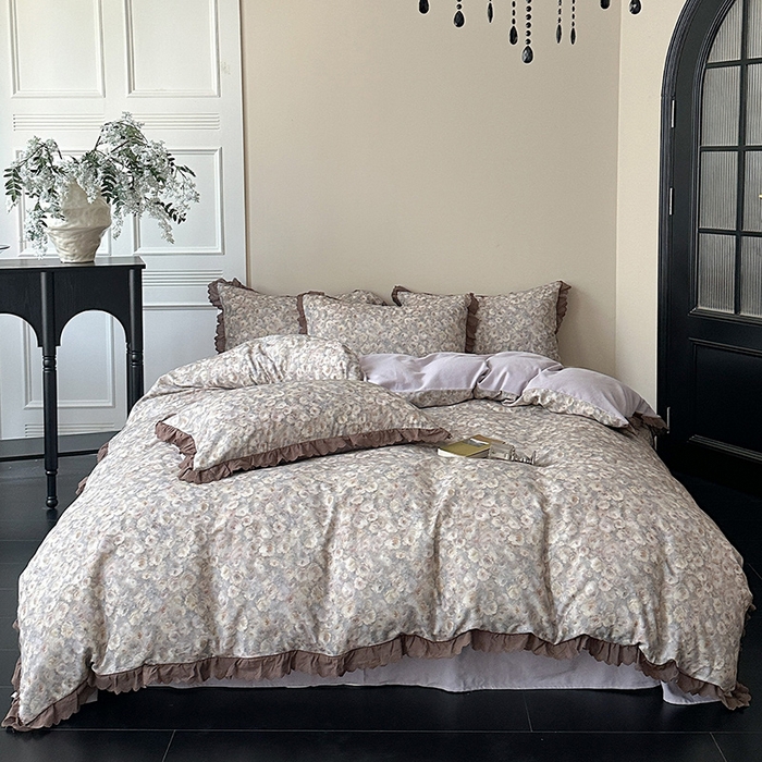 91家纺网 家纺一手货源 找家纺 三朵家纺 2025新款秋冬全棉纯棉加厚磨毛法式花边四件套 晚风告白