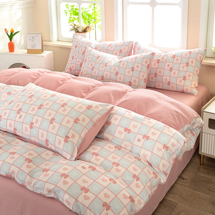 91家纺网 家纺一手货源 找家纺 梦莱家纺 2025新款水洗棉印花单品床笠 粉蓝甜心