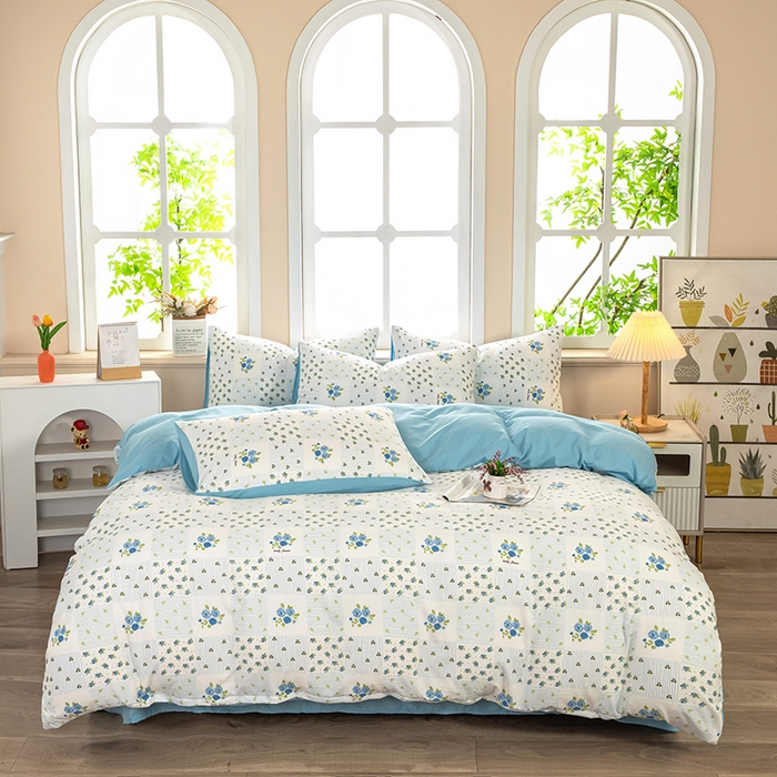 91家纺网 家纺一手货源 找家纺 梦莱家纺 2025新款水洗棉印花单品床笠 蓝玫格影