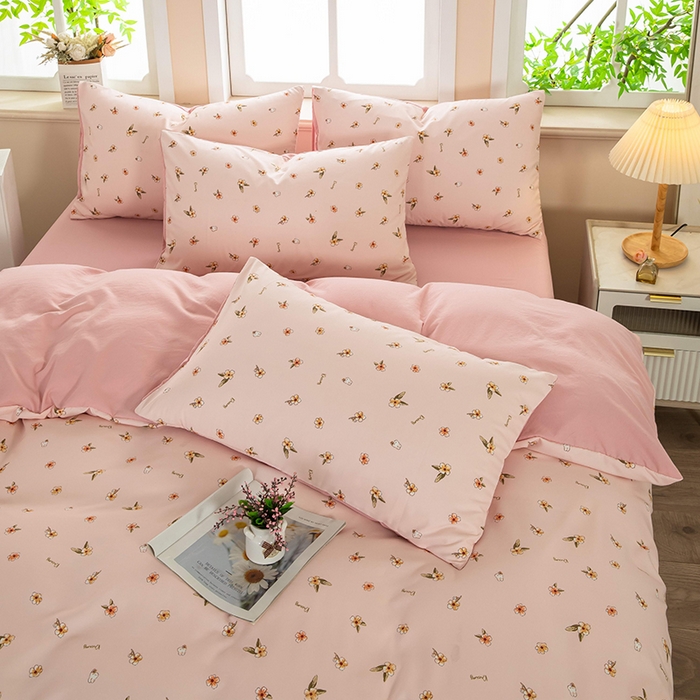 91家纺网 家纺一手货源 找家纺 梦莱家纺 2025新款水洗棉印花单品床笠 浅粉花语