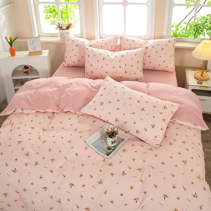 91家纺网 家纺一手货源 找家纺 梦莱家纺 2025新款水洗棉印花单品床笠 浅粉花语