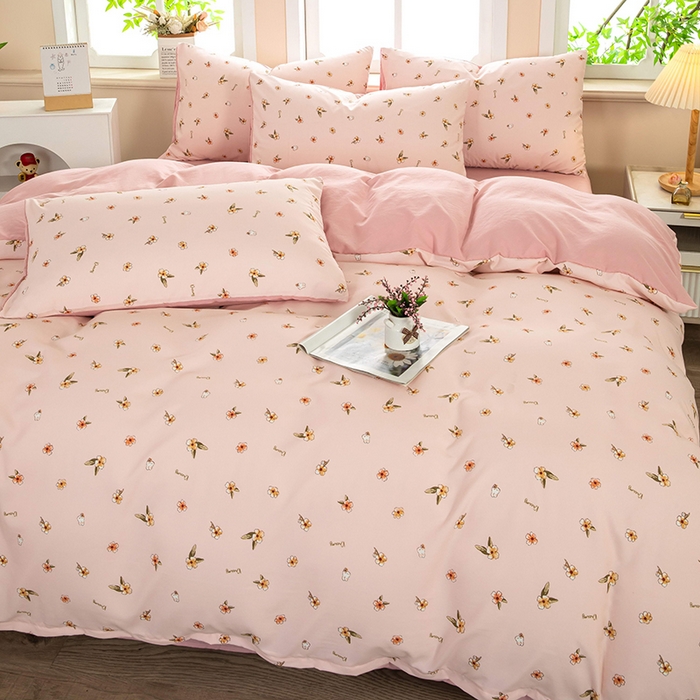 91家纺网 家纺一手货源 找家纺 梦莱家纺 2025新款水洗棉印花单品床笠 浅粉花语