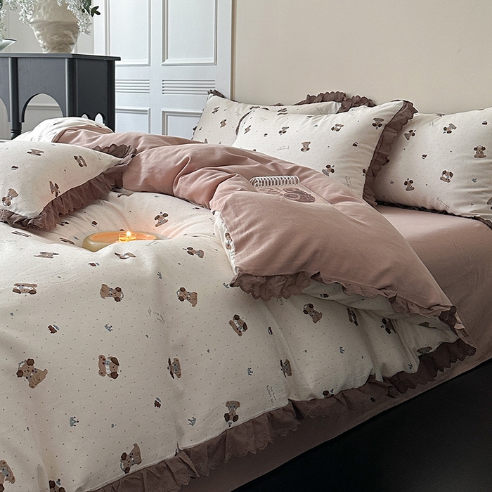 91家纺网 家纺一手货源 找家纺 三朵家纺 2025新款秋冬全棉纯棉加厚磨毛法式花边四件套 朝花夕拾